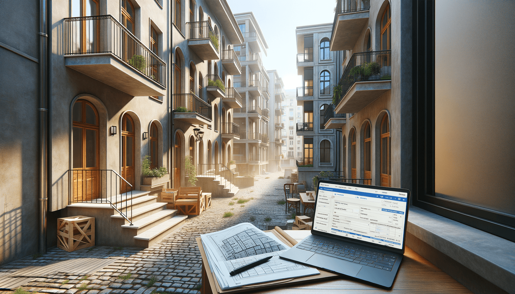 working on laptop with building permit portal